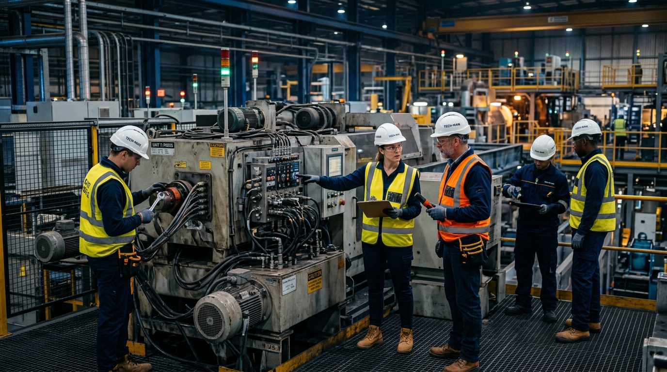 Ingenieros y técnicos industriales de MTS realizando mantenimiento electromecánico en planta